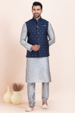 Silver Dupion Silk Jacket Style Men's Churidar Kurta