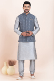 Silver Dupion Silk Jacket Style Men's Churidar Kurta