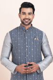 Silver Dupion Silk Jacket Style Men's Churidar Kurta