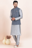 Silver Dupion Silk Jacket Style Men's Churidar Kurta