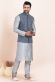 Silver Dupion Silk Jacket Style Men's Churidar Kurta