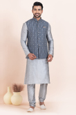 Silver Dupion Silk Jacket Style Men's Churidar Kurta