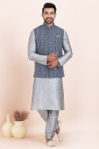 Silver Dupion Silk Jacket Style Men's Churidar Kurta