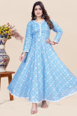 Sky Blue Cotton Anarkali Style Ready to Wear Printed Kurti