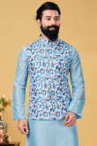 Sky Blue Cotton Printed Men Waist Coat