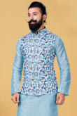 Sky Blue Cotton Printed Men Waist Coat