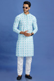 Sky Blue Cotton Printed Men's Kurta Pajama For Sangeet 