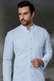 Men Sherwani for Wedding Wear in Cotton Sky Blue with Resham Work