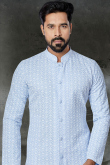 Cotton Men Sherwani with Resham Work in Sky Blue for Sangeet