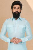 Sky Blue Dupion Silk Straight Cut Men Kurta Pajama