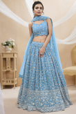 Sky Blue Embroidered Flared Style Georgette Lehenga 