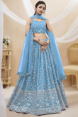 Sky Blue Embroidered Flared Style Georgette Lehenga 