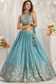 Sky Blue Embroidered Georgette Flared Style Lehenga 