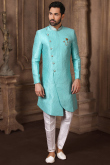 Sky Blue Jacquard Woven Zari Men Sherwani