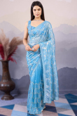 Sky Blue Net Sequins Embroidered Light Weight Saree