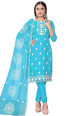 Sky Blue Organza Embroidered Churidar Suit