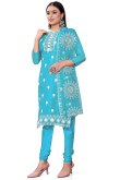 Sky Blue Organza Embroidered Churidar Suit
