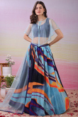Sky Blue Satin Silk Flared Lehenga With Printed Work