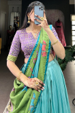 Sky Blue Silk Blend Lehenga With Printed Work For Diwali