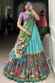 Sky Blue Silk Blend Lehenga With Printed Work For Diwali