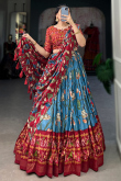 Sky Blue Tussar Silk Printed Flared Style Chaniya Choli