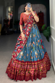 Sky Blue Tussar Silk Printed Flared Style Chaniya Choli