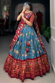 Sky Blue Tussar Silk Printed Flared Style Chaniya Choli
