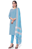 Sky Blue Weaved Thread Cotton Straight Cut Churidar Suit 