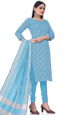 Sky Blue Weaved Thread Cotton Straight Cut Churidar Suit 