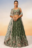 Soft Silk Dori Embroidered Army Green Flared Style Lehenga