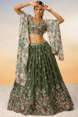 Soft Silk Dori Embroidered Army Green Flared Style Lehenga