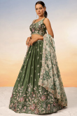 Soft Silk Dori Embroidered Army Green Flared Style Lehenga