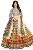 Soft Silk Mustard Yellow Flared Style Printed Lehenga
