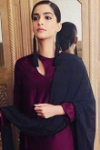 Sonam Kapoor Taffeta Silk Churidar Suit In Plum for Wedding & Party