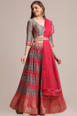 Steel Grey and Coral Pink Jacquard Lehenga