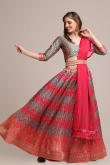 Steel Grey and Coral Pink Jacquard Lehenga