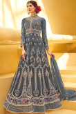 Steel Grey Net Embroidered Indian Anarkali Suit
