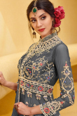 Steel Grey Net Embroidered Indian Anarkali Suit