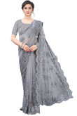 Steel Grey Sangeet Stone Embroidered Saree in Net