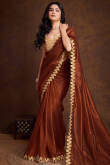 Stone Embellished Dark Brown Shimmer Organza Silk Saree