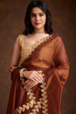 Stone Embellished Dark Brown Shimmer Organza Silk Saree