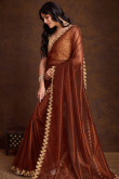 Stone Embellished Dark Brown Shimmer Organza Silk Saree