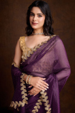 Stone Embellished Dark Purple Shimmer Net Saree