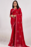 Stone Embellished Georgette Ruby Red Light Weight Saree 