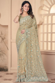 Stone Embellished Grey Beige Net Light Weight Saree