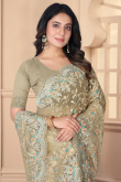 Stone Embellished Grey Beige Net Light Weight Saree