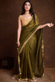 Stone Embellished Moss Green Shimmer Organza Silk Saree