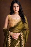 Stone Embellished Moss Green Shimmer Organza Silk Saree