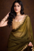 Stone Embellished Moss Green Shimmer Organza Silk Saree
