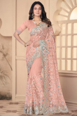 Stone Embellished Peach Net Light Weight Saree